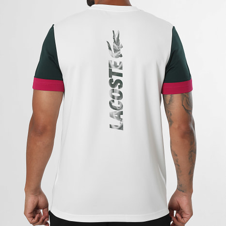 Lacoste - Tee Shirt Regular Fit Logo Crocodile Blanc Vert Foncé Fuchsia