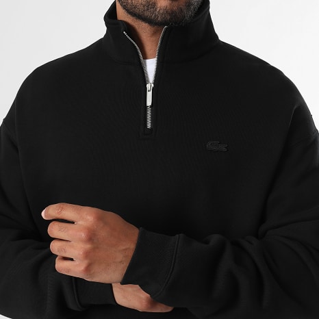 Lacoste - Sweat Col Zippé Loose Fit Logo Brodé Crocodile Ton Sur Ton Noir