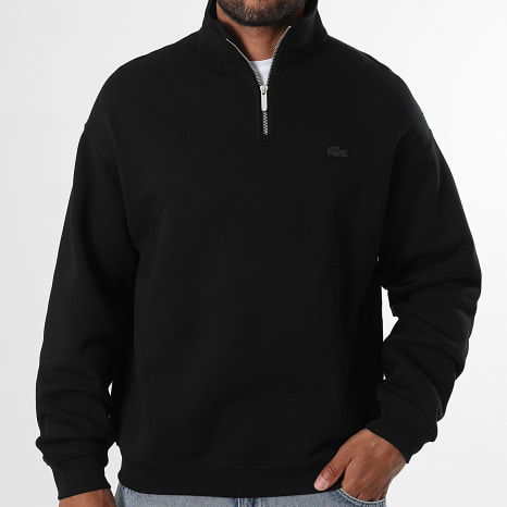 Lacoste - Sweat Col Zippé Loose Fit Logo Brodé Crocodile Ton Sur Ton Noir