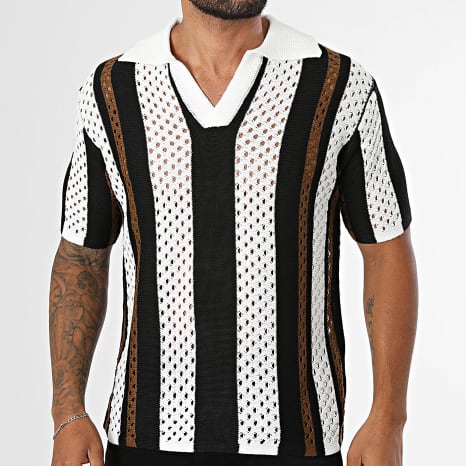 Frilivin - Polo Manches Courtes Col V Crochet 857 Blanc Noir Marron