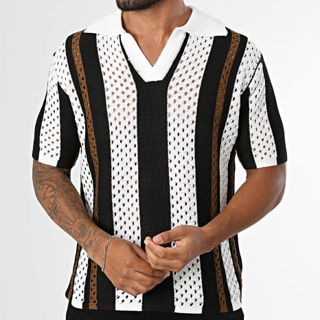 Frilivin - Polo Manches Courtes Col V Crochet 857 Blanc Noir Marron