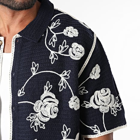 Frilivin - Chemises Manches Courtes Crochet 210 Bleu Marine Beige Floral