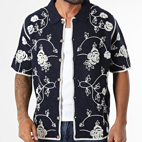 Frilivin - Chemises Manches Courtes Crochet 210 Bleu Marine Beige Floral