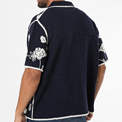 Frilivin - Chemises Manches Courtes Crochet 210 Bleu Marine Beige Floral