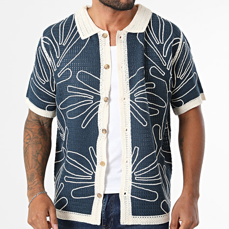 Frilivin - Chemise Manches Courtes Crochet 258 Bleu Marine Beige