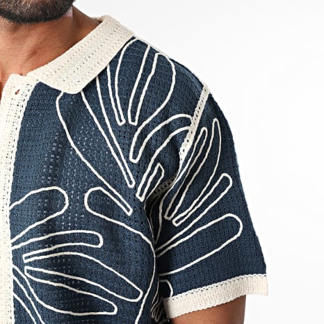 Frilivin - Chemise Manches Courtes Crochet 258 Bleu Marine Beige