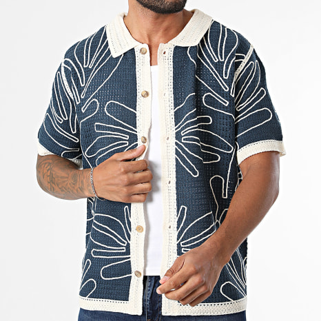 Frilivin - Chemise Manches Courtes Crochet 258 Bleu Marine Beige
