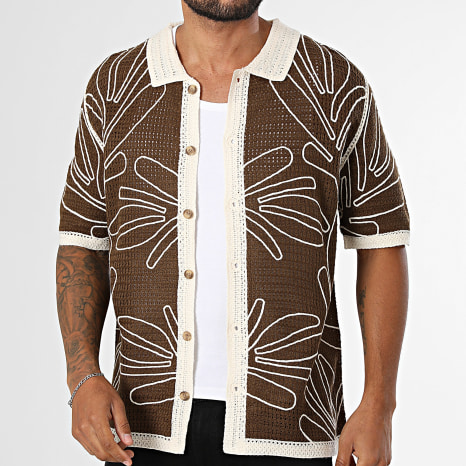 Frilivin - Chemise Manches Courtes Crochet 258 Marron Beige