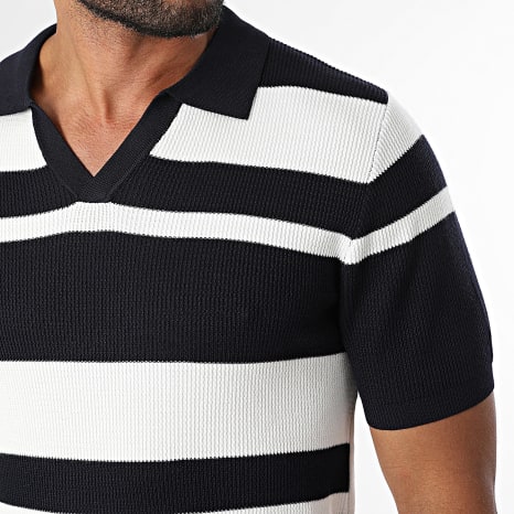 Frilivin - Polo Manches Courtes Col V Maille 676 Blanc Bleu Marine