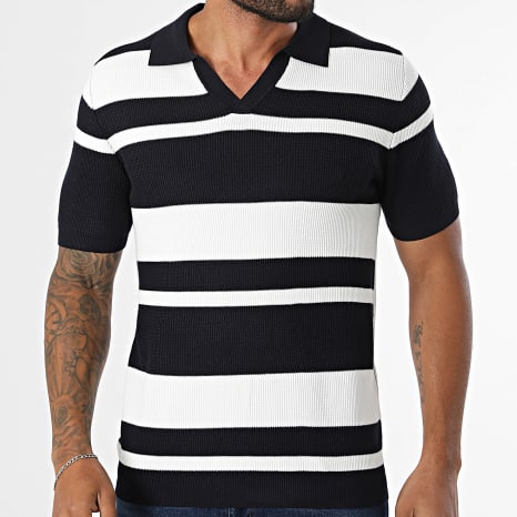 Frilivin - Polo Manches Courtes Col V Maille 676 Blanc Bleu Marine