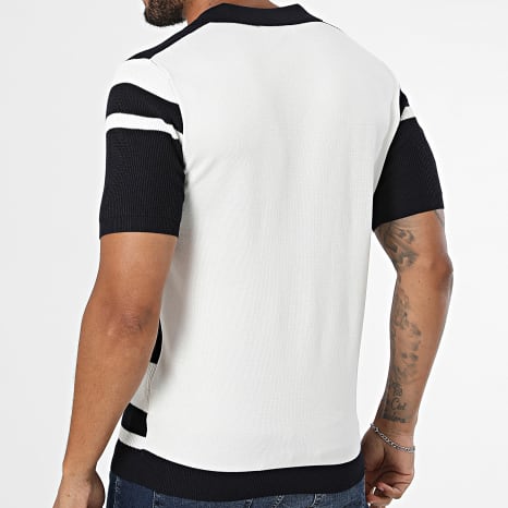 Frilivin - Polo Manches Courtes Col V Maille 676 Blanc Bleu Marine