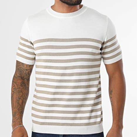 Frilivin - Tee Shirt En Maille A Rayures 090 Blanc Beige