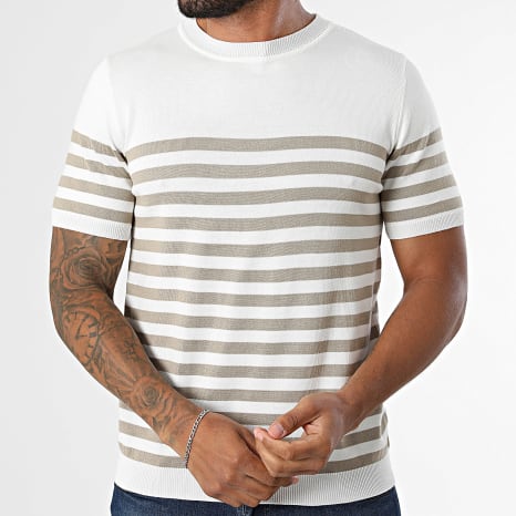 Frilivin - Tee Shirt En Maille A Rayures 090 Blanc Beige