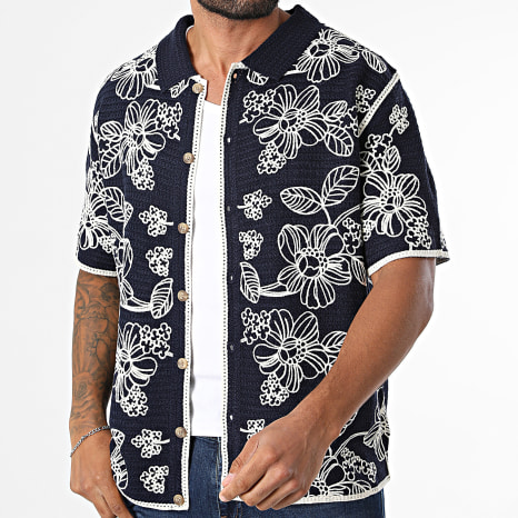 Frilivin - Chemise Manches Courtes Crochet 209 Bleu Marine Beige Floral