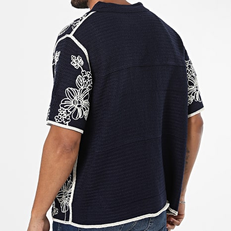 Frilivin - Chemise Manches Courtes Crochet 209 Bleu Marine Beige Floral