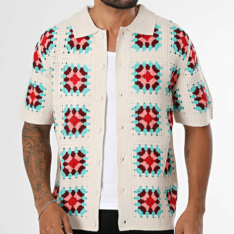 Frilivin - Chemise Manches Courtes Crochet 895 Beige Bleu Clair Rose