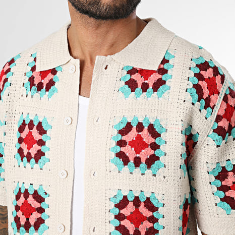Frilivin - Chemise Manches Courtes Crochet 895 Beige Bleu Clair Rose