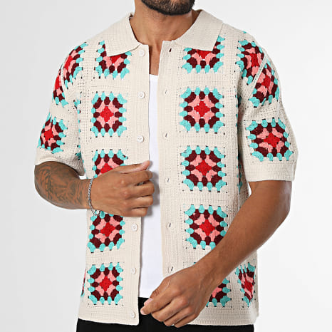 Frilivin - Chemise Manches Courtes Crochet 895 Beige Bleu Clair Rose