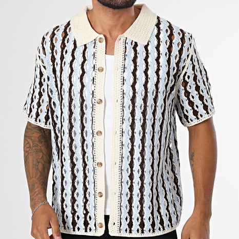 Frilivin - Chemise Manches Courtes Crochet 267 Bleu Clair Marron Beige