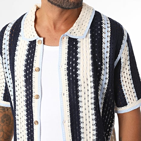 Frilivin - Chemise Manches Courtes Crochet 274 Bleu Marine Bleu Clair Beige