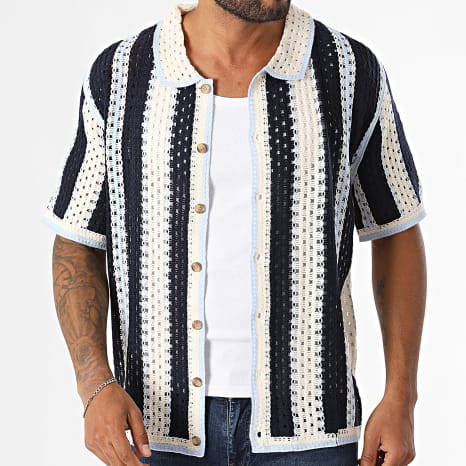 Frilivin - Chemise Manches Courtes Crochet 274 Bleu Marine Bleu Clair Beige