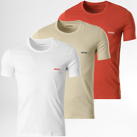 HUGO - Lot De 3 Tee Shirts 50532811 Blanc Vert Kaki Clair Rouge Brique