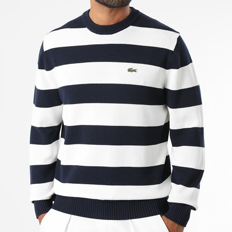 Lacoste - Pull A Rayures Classic Fit Logo Brodé Crocodile Bleu Marine Blanc