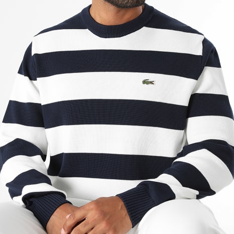 Lacoste - Pull A Rayures Classic Fit Logo Brodé Crocodile Bleu Marine Blanc