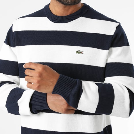 Lacoste - Pull A Rayures Classic Fit Logo Brodé Crocodile Bleu Marine Blanc