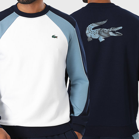 Lacoste - Sweat Crewneck Regular Fit Logo Crocodile Blanc Bleu Marine