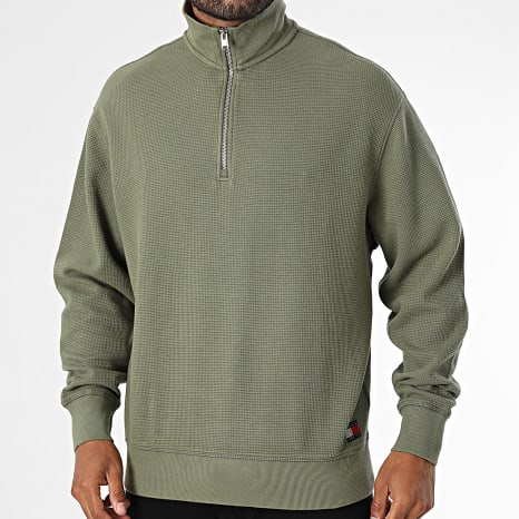 Tommy Jeans - Sweat Col Zippé Waffle 3127 Vert Kaki