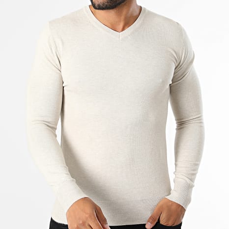 Classic Series - Pull Col V En Maille 662 Beige Chiné